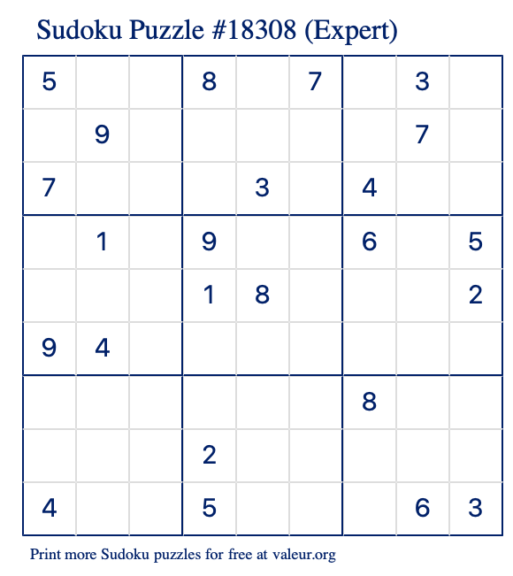 Free Printable Expert Sudoku Puzzle number 18308