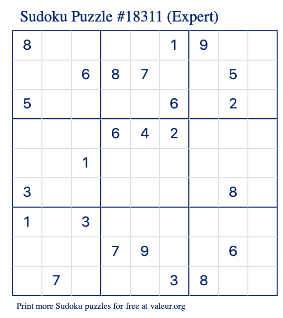 Free Printable Expert Sudoku Puzzle number 18311