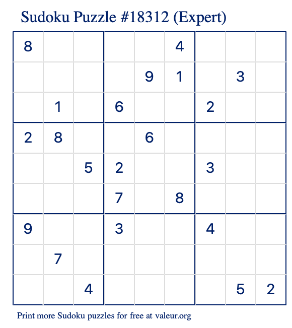 Free Printable Expert Sudoku Puzzle number 18312