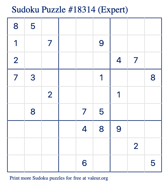 Free Printable Expert Sudoku Puzzle number 18314