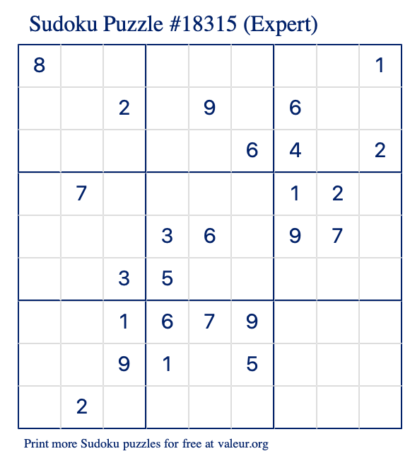 Free Printable Expert Sudoku Puzzle number 18315