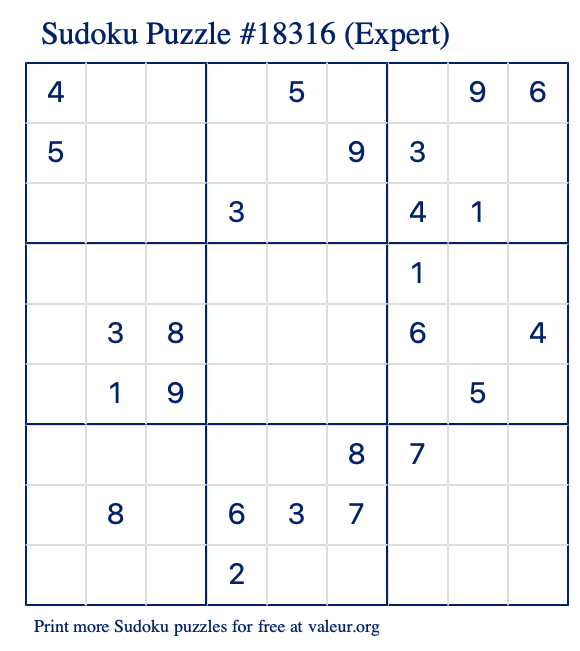 Free Printable Expert Sudoku Puzzle number 18316