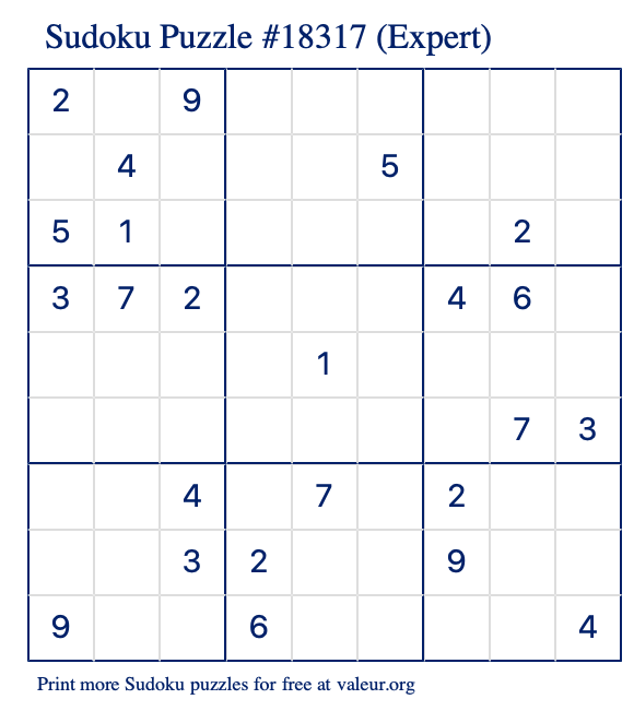 Free Printable Expert Sudoku Puzzle number 18317