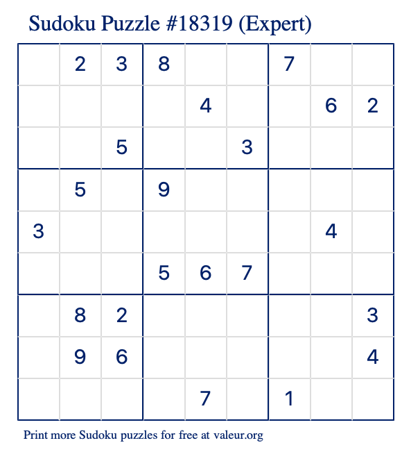 Free Printable Expert Sudoku Puzzle number 18319