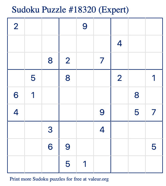 Free Printable Expert Sudoku Puzzle number 18320