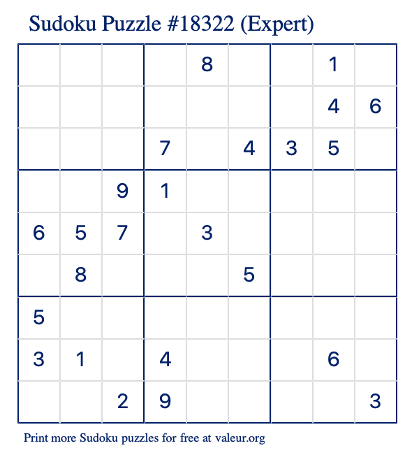 Free Printable Expert Sudoku Puzzle number 18322