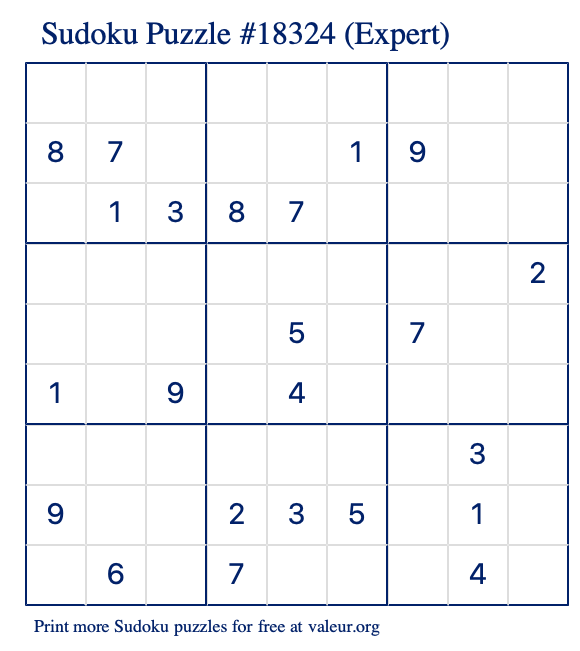 Free Printable Expert Sudoku Puzzle number 18324