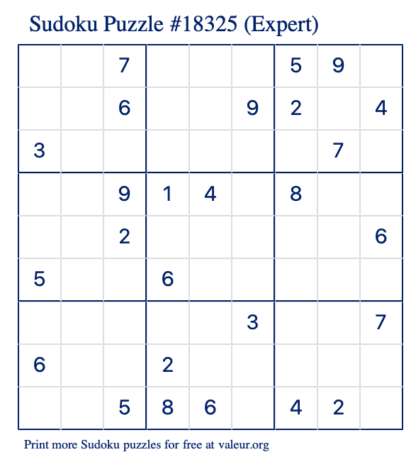 Free Printable Expert Sudoku Puzzle number 18325