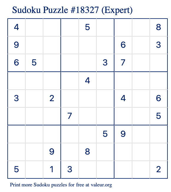 Free Printable Expert Sudoku Puzzle number 18327