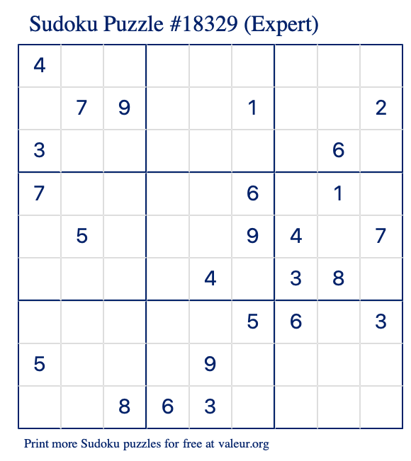 Free Printable Expert Sudoku Puzzle number 18329