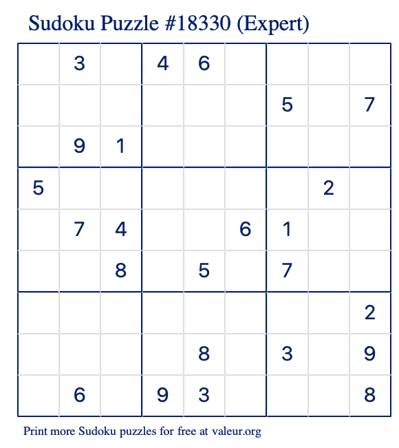 Free Printable Expert Sudoku Puzzle number 18330