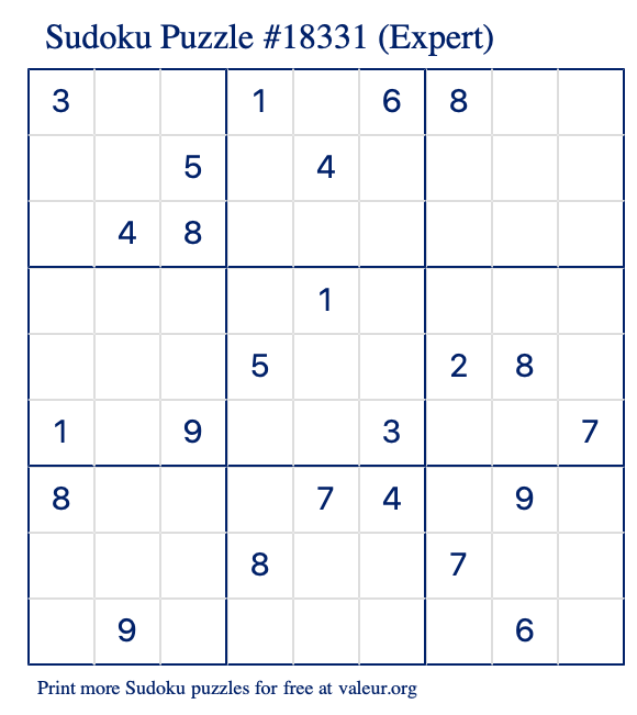 Free Printable Expert Sudoku Puzzle number 18331