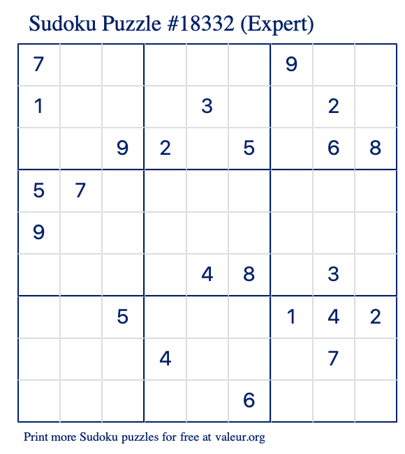 Free Printable Expert Sudoku Puzzle number 18332