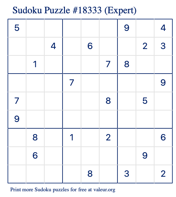 Free Printable Expert Sudoku Puzzle number 18333