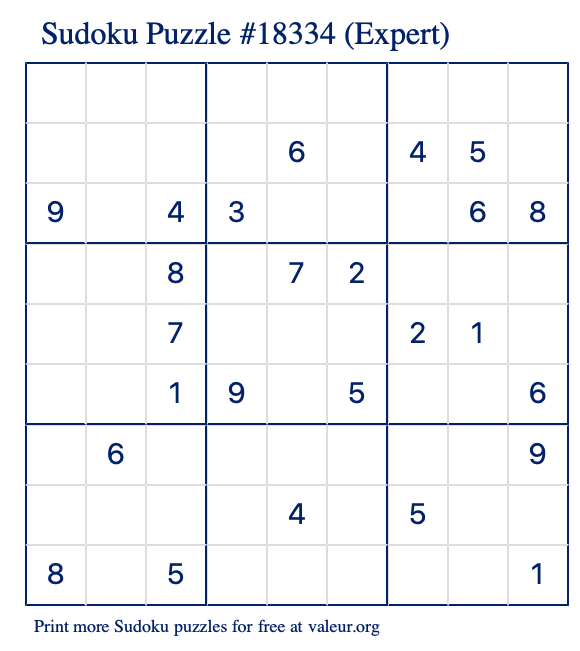 Free Printable Expert Sudoku Puzzle number 18334