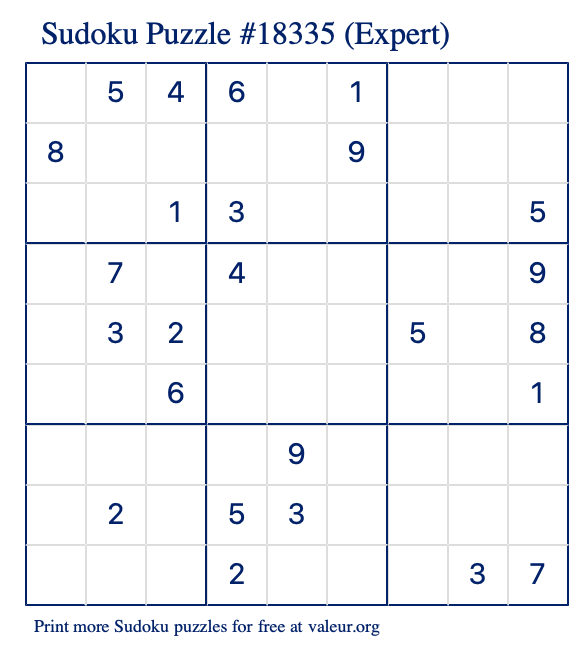 Free Printable Expert Sudoku Puzzle number 18335