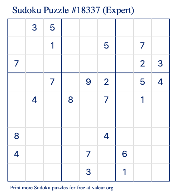 Free Printable Expert Sudoku Puzzle number 18337