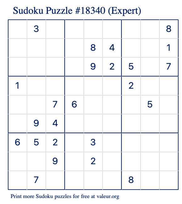 Free Printable Expert Sudoku Puzzle number 18340