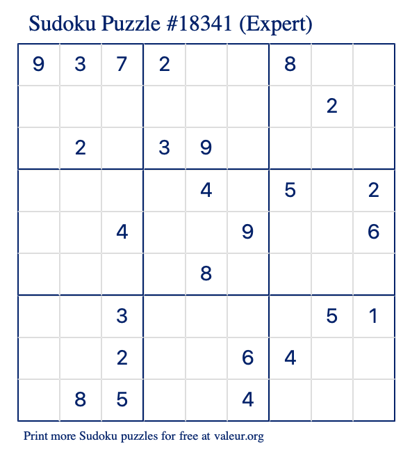 Free Printable Expert Sudoku Puzzle number 18341