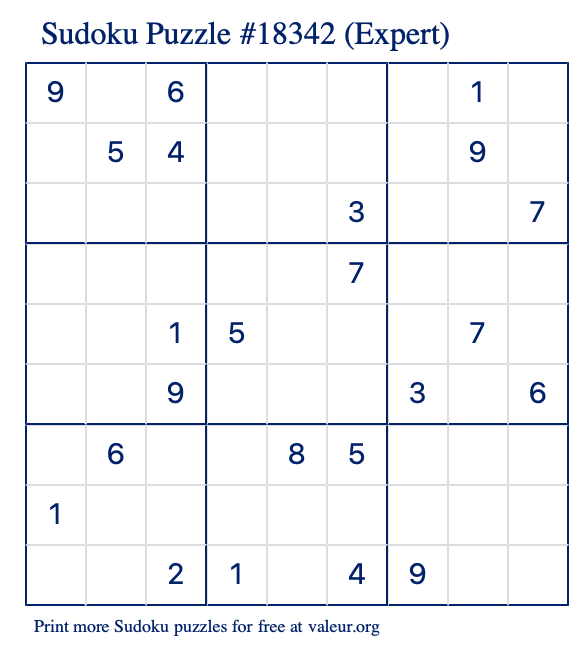 Free Printable Expert Sudoku Puzzle number 18342