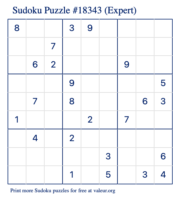 Free Printable Expert Sudoku Puzzle number 18343