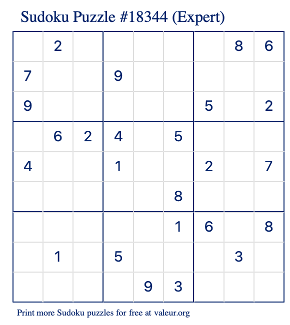 Free Printable Expert Sudoku Puzzle number 18344