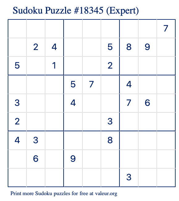 Free Printable Expert Sudoku Puzzle number 18345