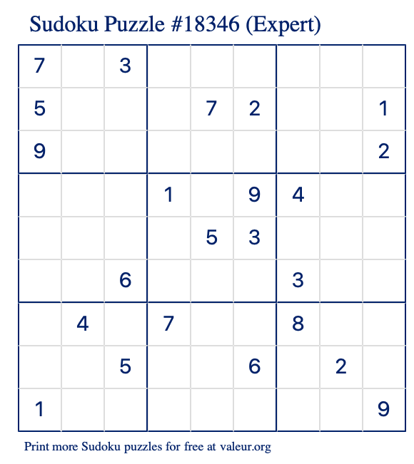 Free Printable Expert Sudoku Puzzle number 18346