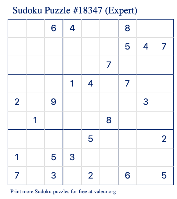 Free Printable Expert Sudoku Puzzle number 18347