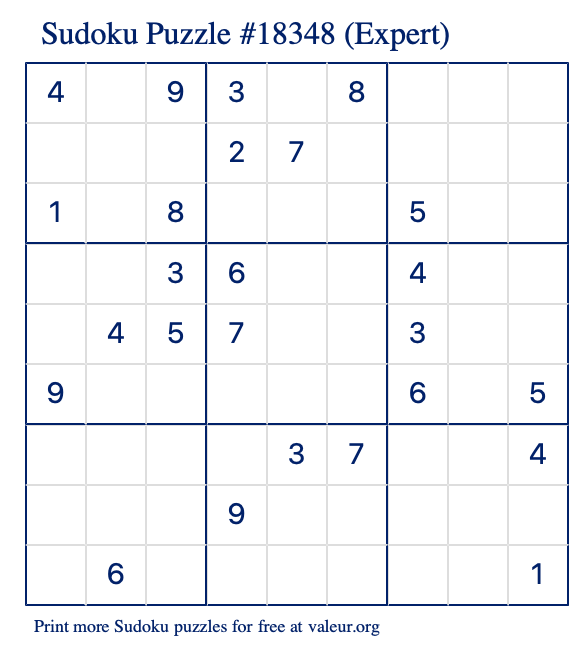 Free Printable Expert Sudoku Puzzle number 18348