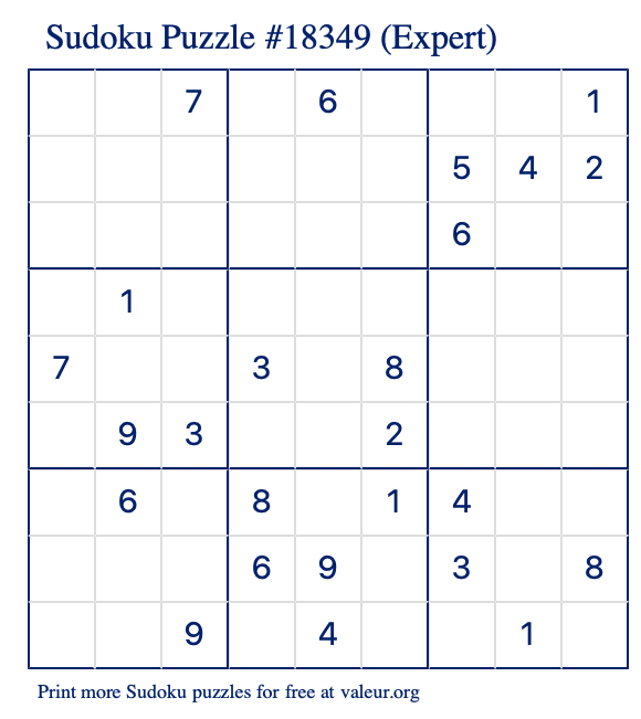 Free Printable Expert Sudoku Puzzle number 18349