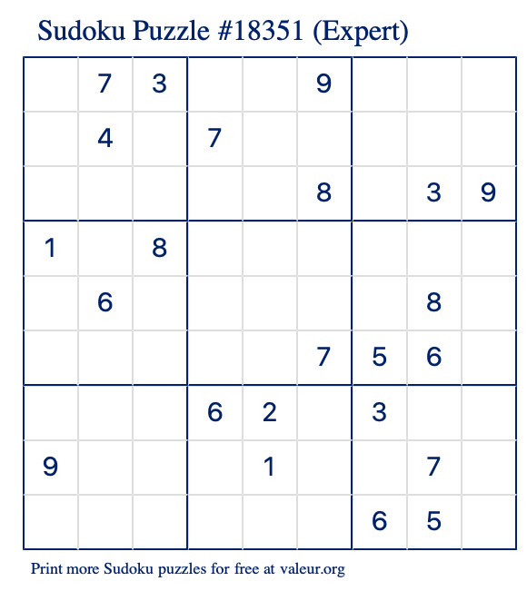 Free Printable Expert Sudoku Puzzle number 18351