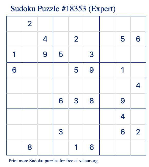 Free Printable Expert Sudoku Puzzle number 18353