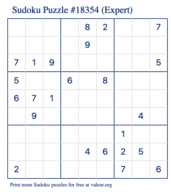 Free Printable Expert Sudoku Puzzle number 18354