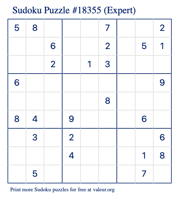 Free Printable Expert Sudoku Puzzle number 18355