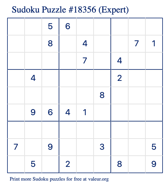 Free Printable Expert Sudoku Puzzle number 18356