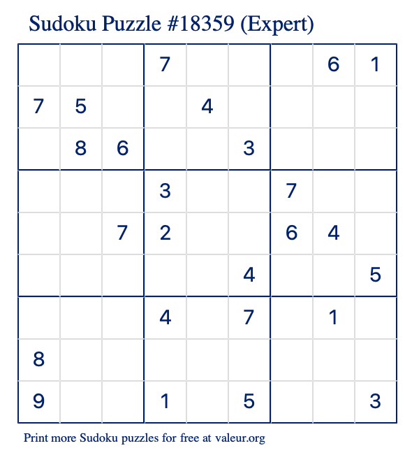 Free Printable Expert Sudoku Puzzle number 18359