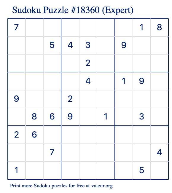 Free Printable Expert Sudoku Puzzle number 18360
