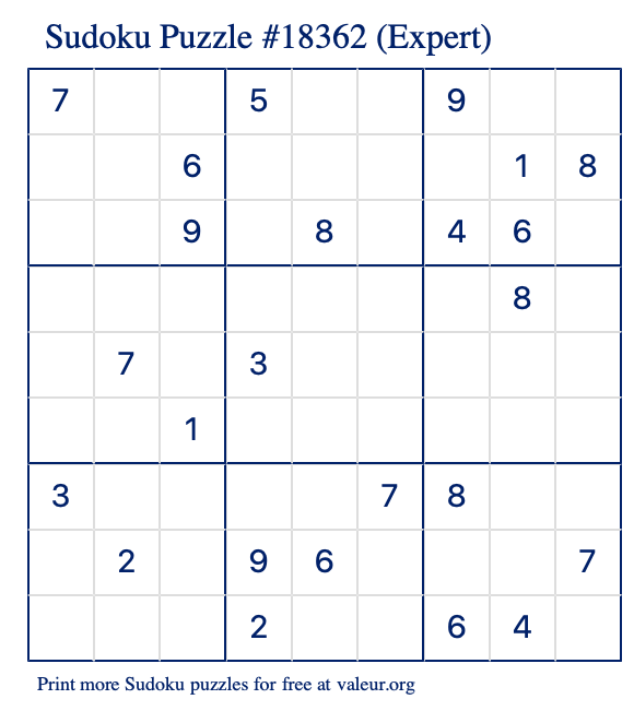 Free Printable Expert Sudoku Puzzle number 18362