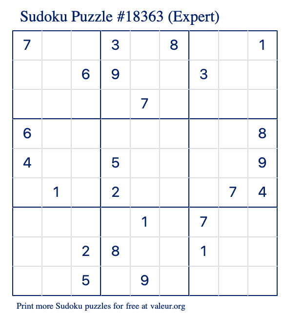 Free Printable Expert Sudoku Puzzle number 18363