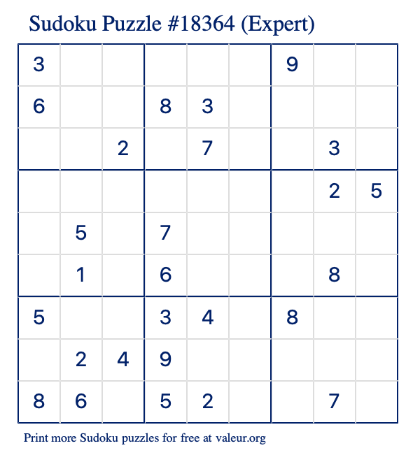 Free Printable Expert Sudoku Puzzle number 18364