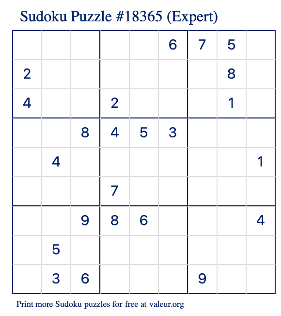 Free Printable Expert Sudoku Puzzle number 18365