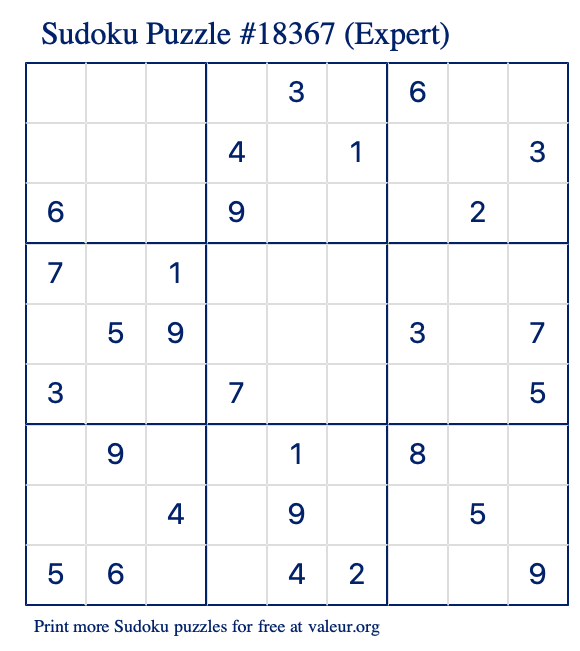 Free Printable Expert Sudoku Puzzle number 18367