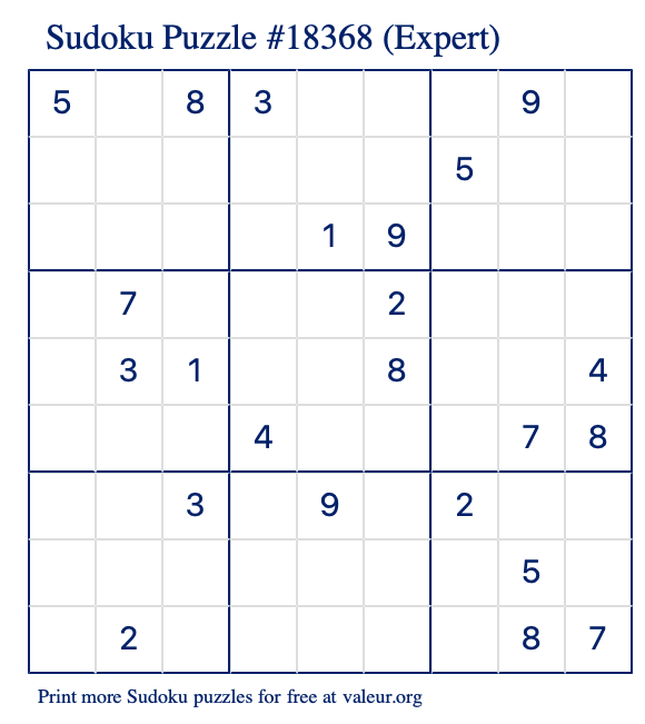 Free Printable Expert Sudoku Puzzle number 18368