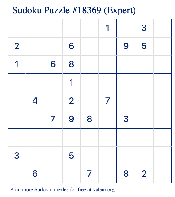 Free Printable Expert Sudoku Puzzle number 18369