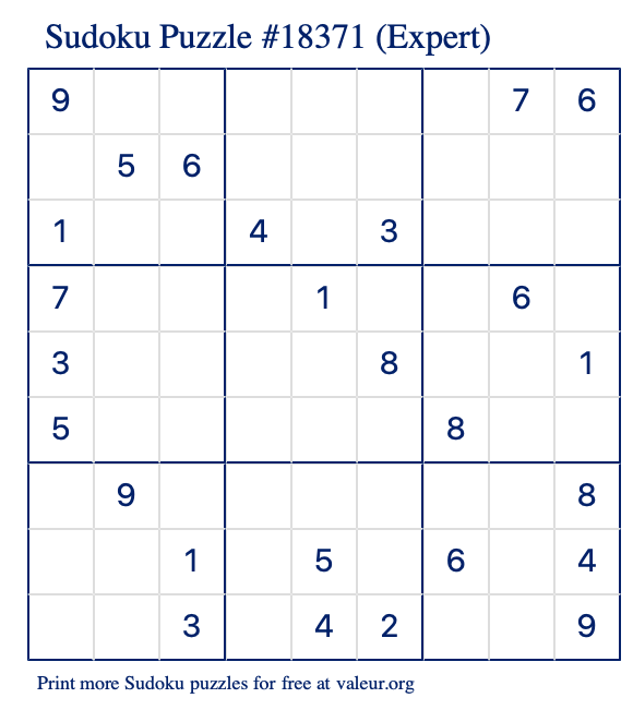 Free Printable Expert Sudoku Puzzle number 18371