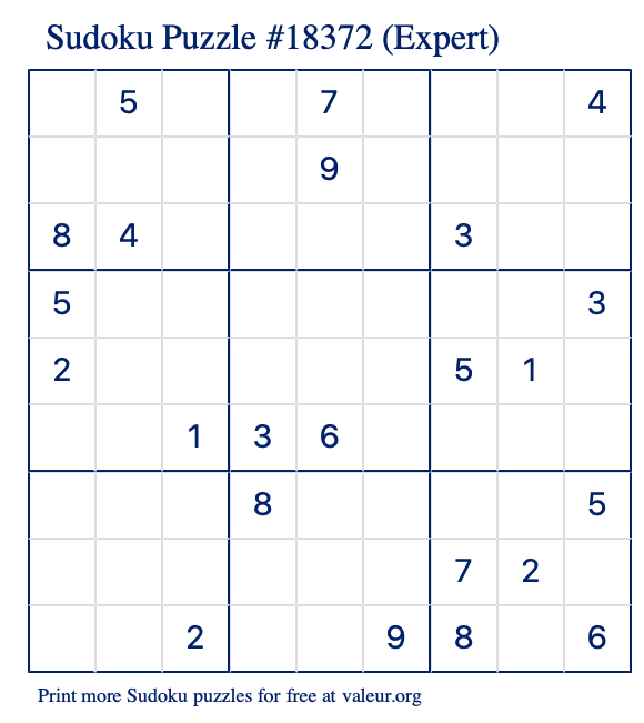 Free Printable Expert Sudoku Puzzle number 18372