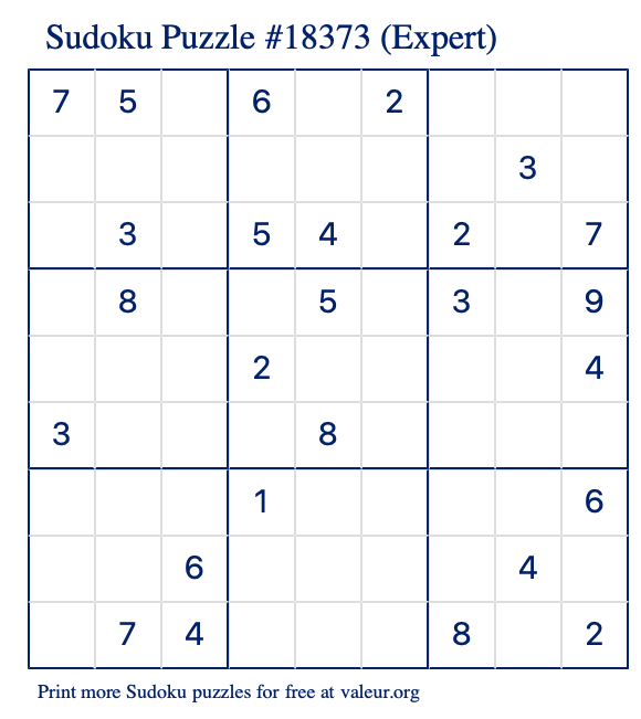 Free Printable Expert Sudoku Puzzle number 18373