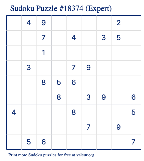 Free Printable Expert Sudoku Puzzle number 18374