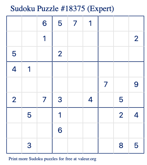 Free Printable Expert Sudoku Puzzle number 18375